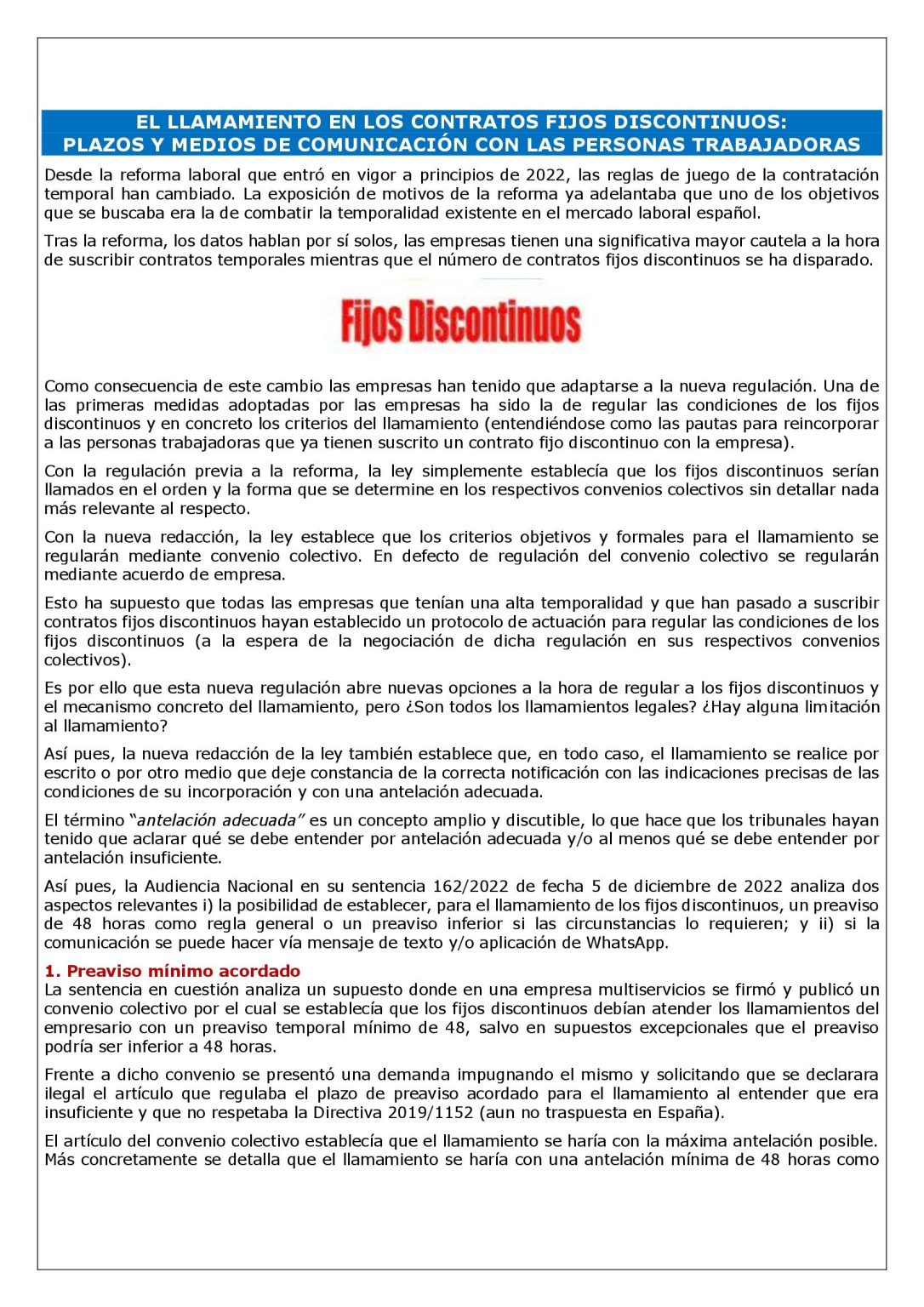 EL LLAMAMIENTO EN LOS CONTRATOS FIJOS DISCONTINUOS: PLAZOS Y MEDIOS DE ...