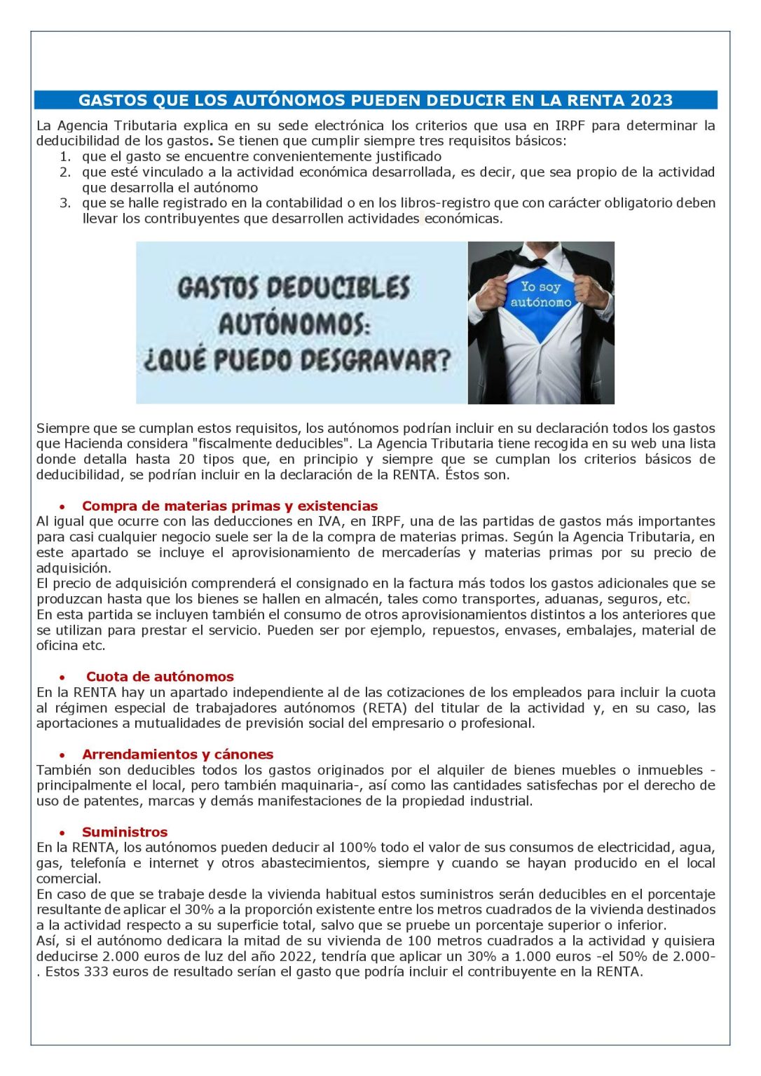 GASTOS QUE LOS AUTÓNOMOS PUEDEN DEDUCIR EN LA RENTA 2023 - Laboral ...