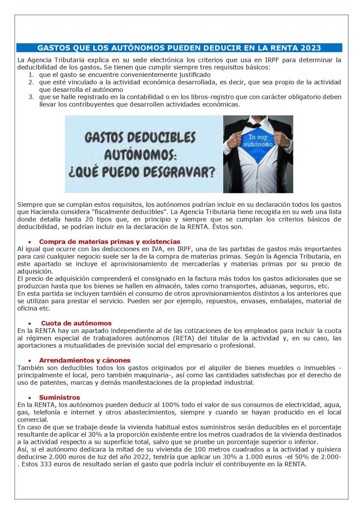 GASTOS QUE LOS AUTÓNOMOS PUEDEN DEDUCIR EN LA RENTA 2023 - Laboral ...
