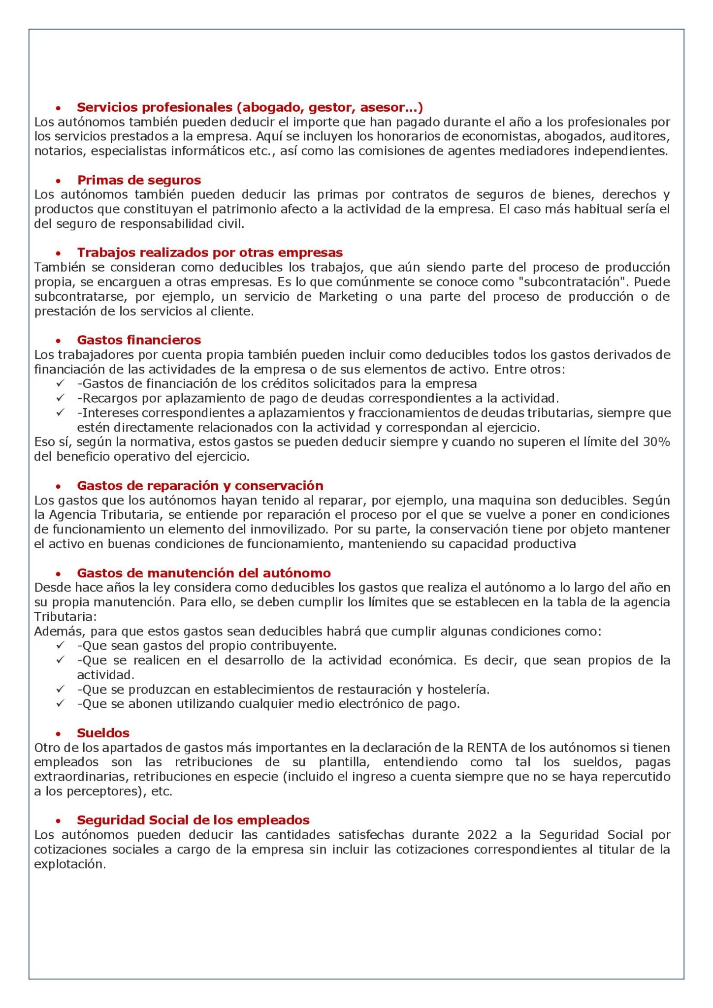 GASTOS QUE LOS AUTÓNOMOS PUEDEN DEDUCIR EN LA RENTA 2023 - Laboral ...