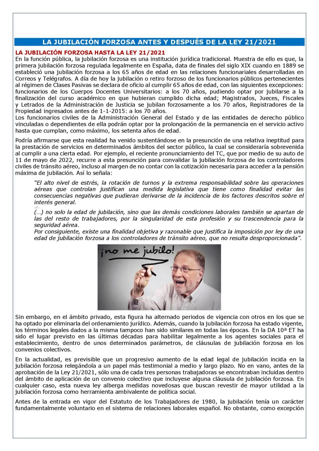 LA JUBILACIÓN FORZOSA ANTES Y DESPUÉS DE LA LEY 21/2021 Laboral Pensiones