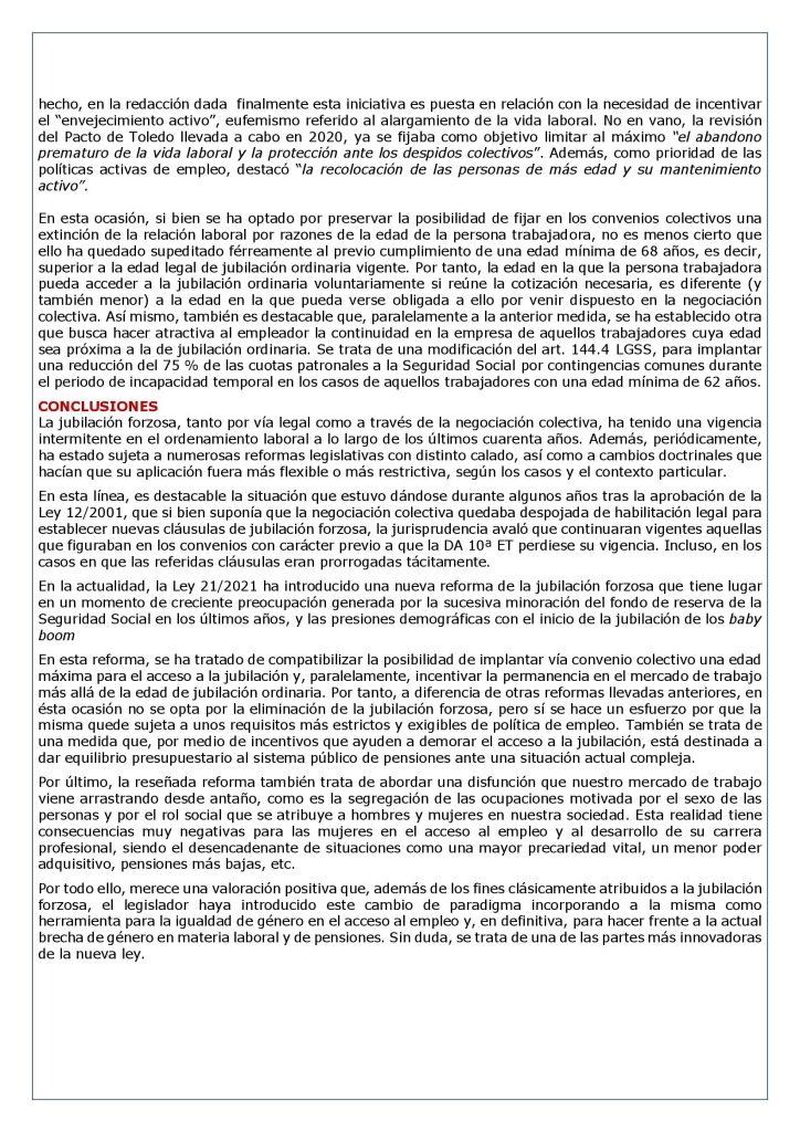 LA JUBILACIÓN FORZOSA ANTES Y DESPUÉS DE LA LEY 21/2021 Laboral Pensiones