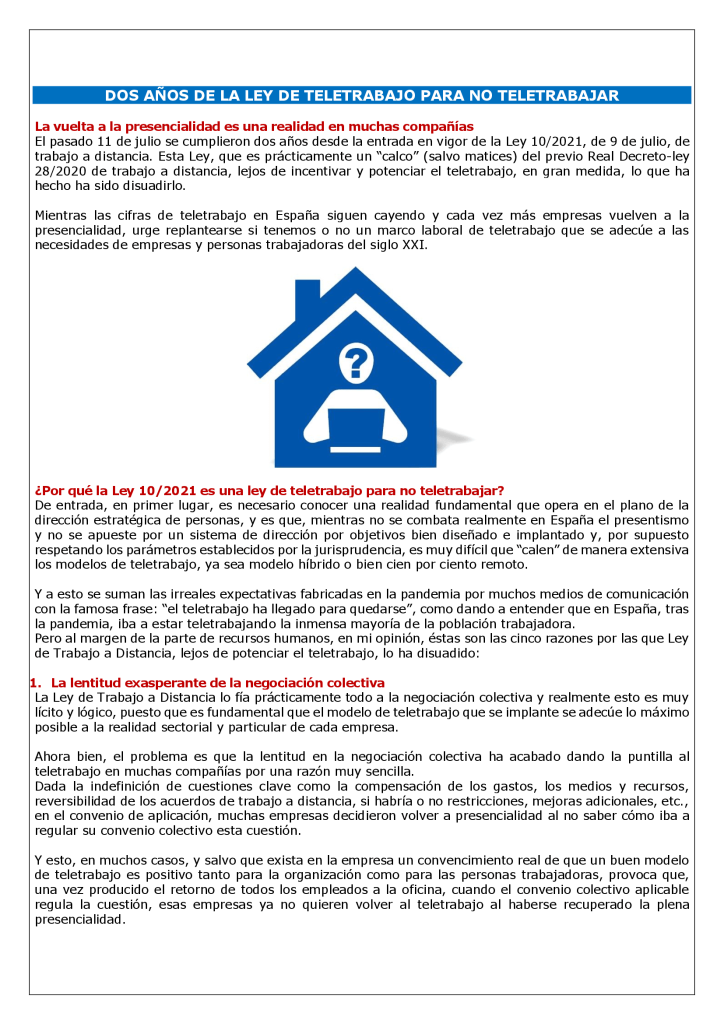 DOS AÑOS DE LA LEY DE TELETRABAJO PARA NO TELETRABAJAR - Laboral Pensiones