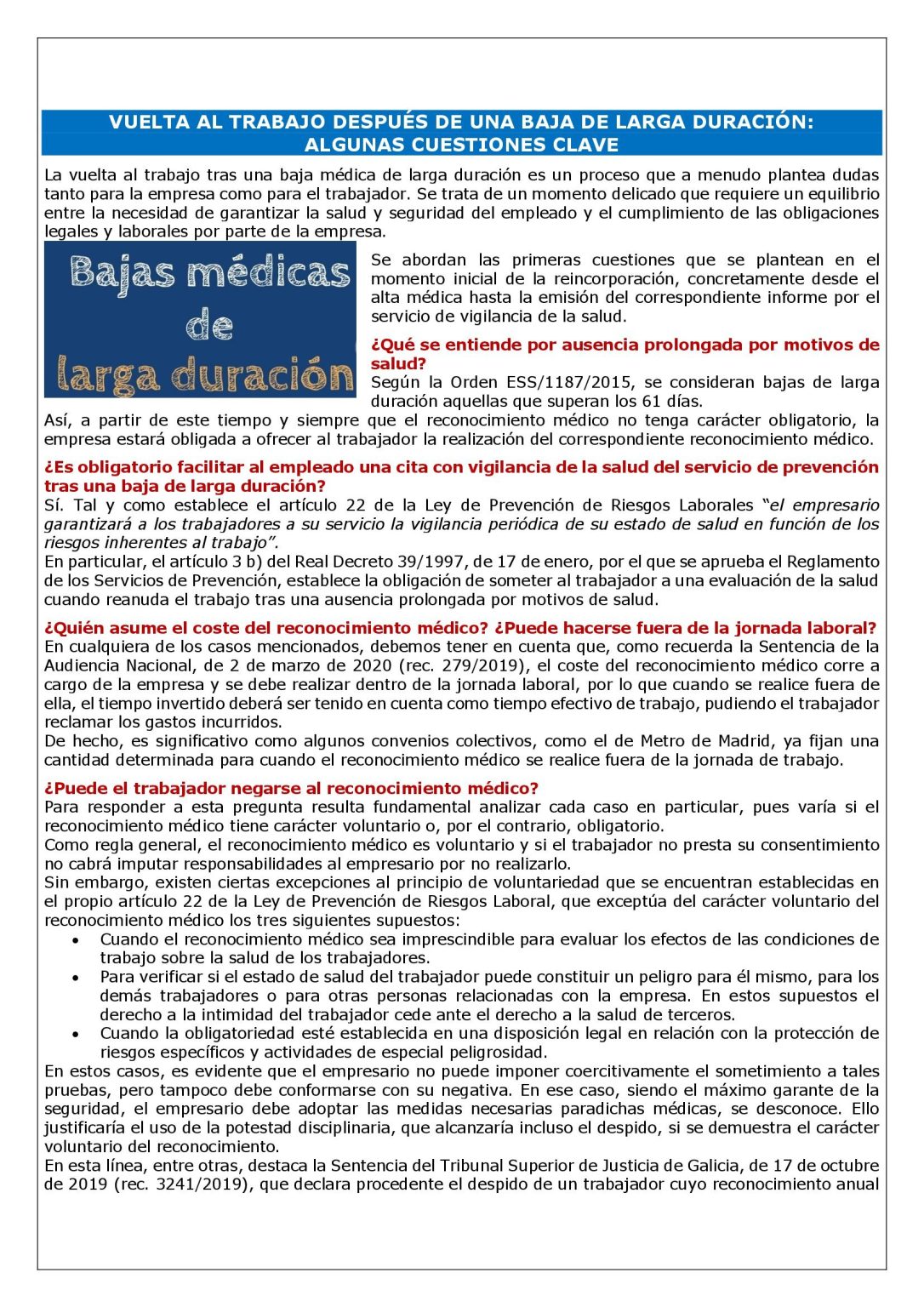 VUELTA AL TRABAJO DESPUÉS DE UNA BAJA DE LARGA DURACIÓN: ALGUNAS ...