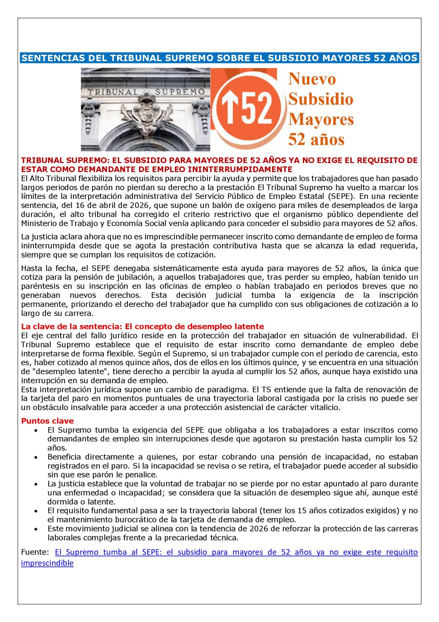 SENTENCIAS DEL TRIBUNAL SUPREMO SOBRE EL SUBSIDIO MAYORES 52 AÑOS ...